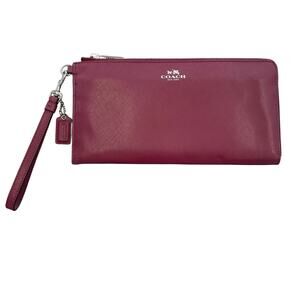 Coach Burgundy Saffiano Leather Zip Up Wristlet Pouch